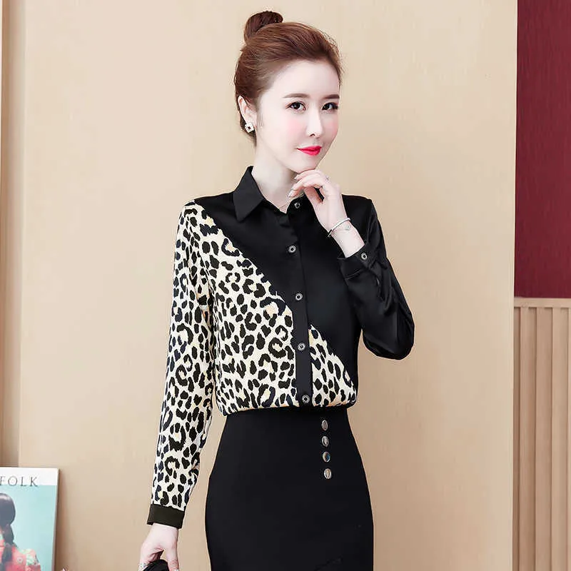 Fashion Spring Korean Print Långärmad Leopard Stitched Splice T-shirts Kvinnor Plus Size Womens Tops och blouses 8054 50 210527