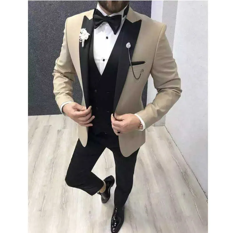 Bej Slim Fit Erkekler Düğün için Suits Siyah Zirve Yaka Damat Smokin Örgün Erkek Moda Ceket Siyah Pantolon Yelek Ile X0909