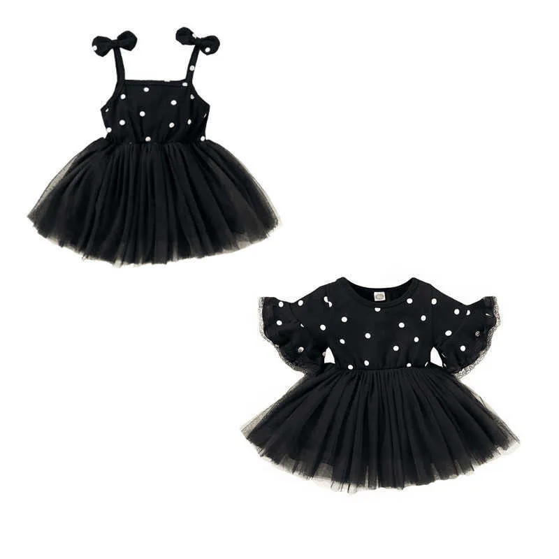 Robe noire pour bébés garçons et filles, tenue à pois, mini mignonne, bretelles avec nœud papillon, sans manches, robes de concours de 1 à 4 ans, Q0716