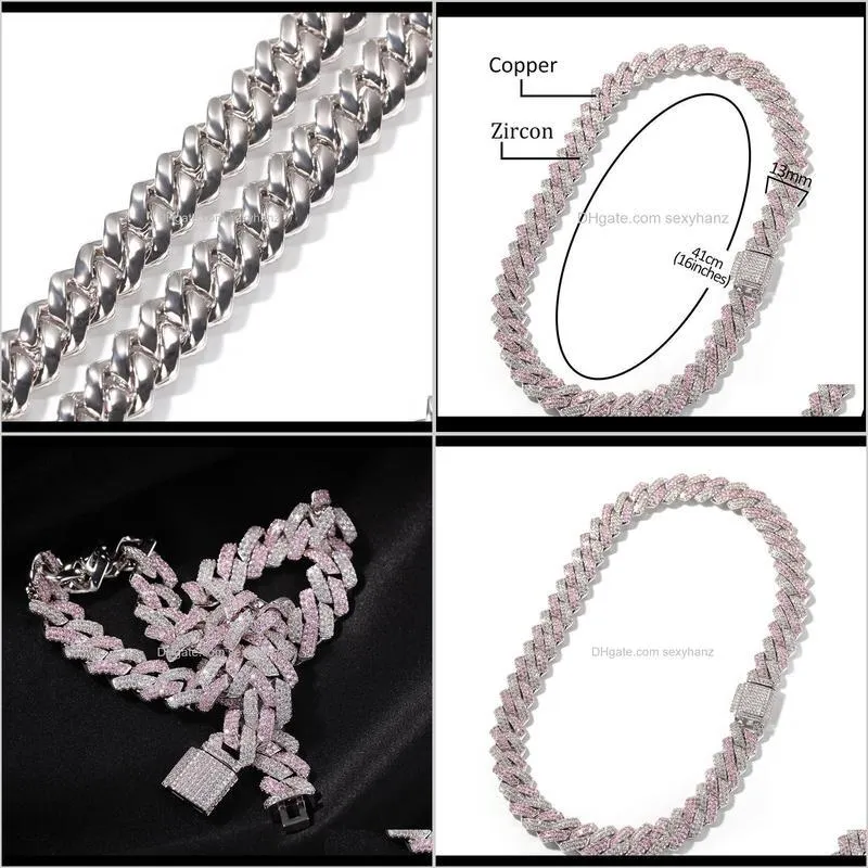 pink white cz stone paved bling ice out two tone curb cuban  chain choker necklace for women men hip hop rapper jewelry