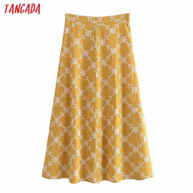 Tangada Kobiety Bawełna Żółta Emboridery Spódnica Faldas Mujer Vintage Zipper Ladies Chic Długie Spódnice 3H527 210609