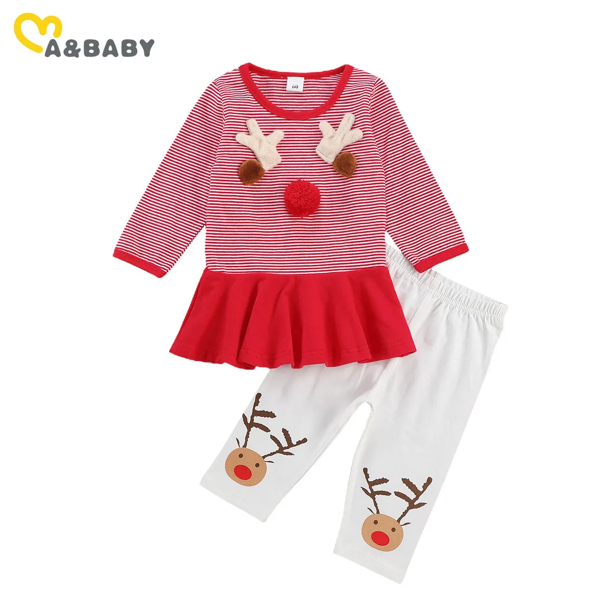 0-24m Christmas nascido bebê bebê meninas conjunto de cervo listrado vermelho tops calças roupas de natal garota trajes 210515