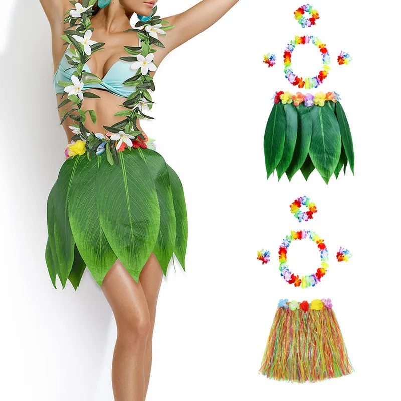 Гавайская трава юбка партии придайте вечеринку для вечеринки украшения моделирования листьев взрослых детей шоу костюм пляж праздник праздничное платье декор 210408