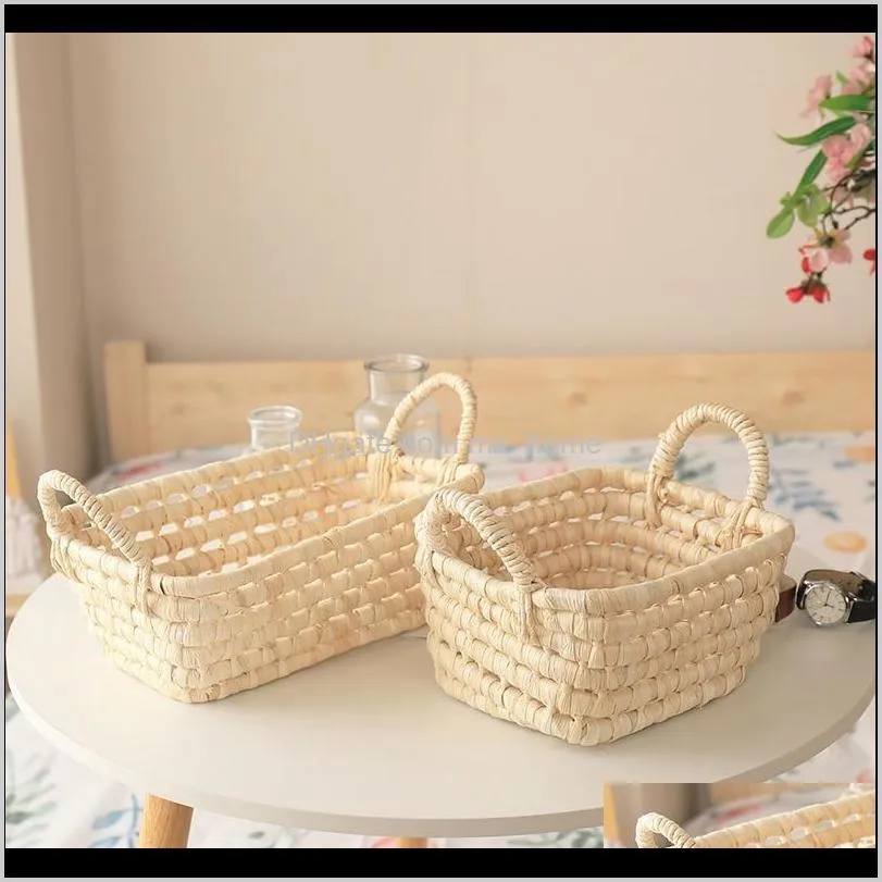 handmade straw storage basket corn husk fruit sundries organizer plant box flower pot with handle baskets