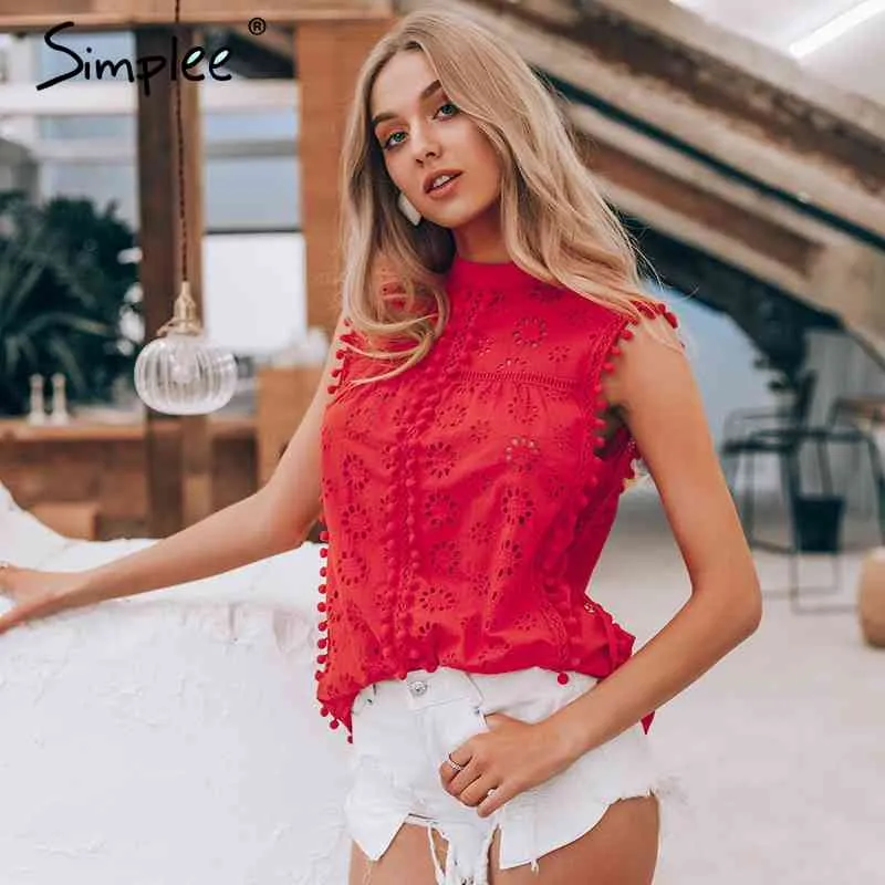 Elegant tank women blouse Cotton embroidery red shirts feminina sexy top Stand neck tassel pompon ladies tops female 210414