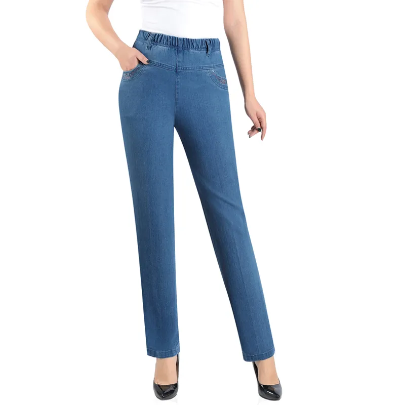 Джинсы мать среднего возраста с высоким высоким талией Большой размер 4xl 5xl растягивать прямые брюки для ног карманная вышивка повседневные джинсовые брюки