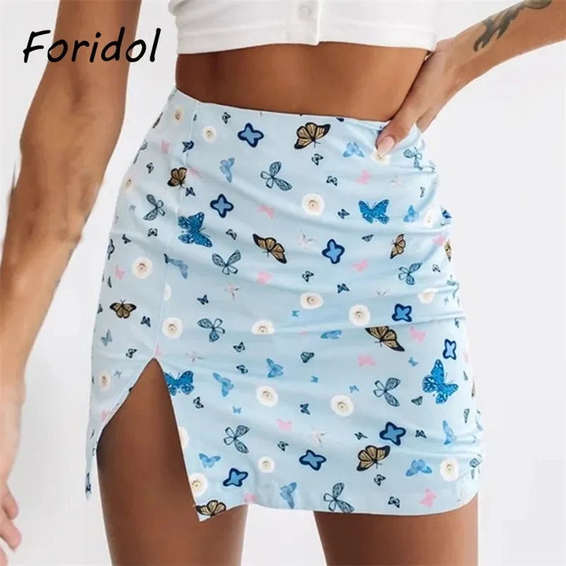 Butterfly Print Slit Blue Skirt Women High Waist Beach Summer Short Mini Bottom Casual Cara A-line Bodycon 210427