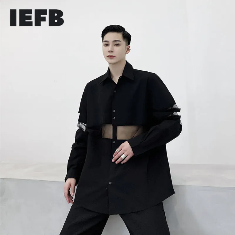 IEFB / Vêtements pour hommes Transparent Mesh Couture Design Noir Blanc Chemise de grande taille Mode Lâche Spring Tops pour homme 9Y3405 210524