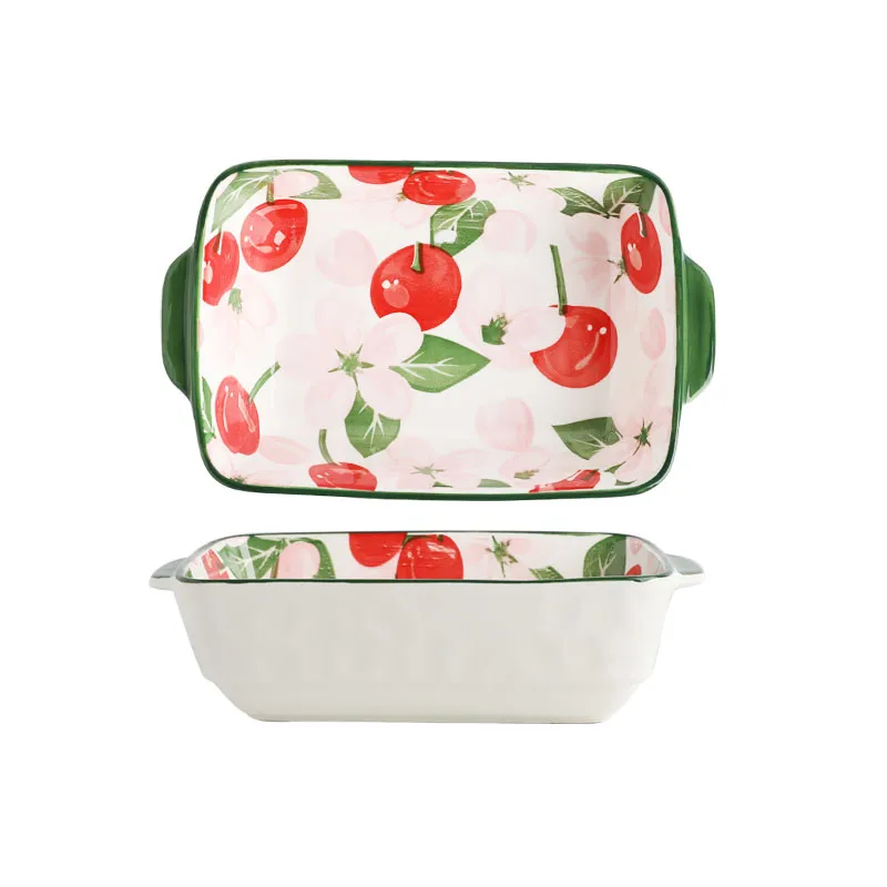 Strawberry Decoration Ceramic Baking Dish Rectangular Fruit Cheese Bake Tray Lasagna Pan Oven Casserole