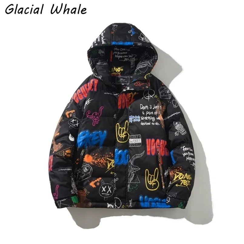 Glacialwhale down jacket män vinter graffiti jacka hooded vindtät kappa streetwear överdimensionerade hip hop svart jacka för män 211129