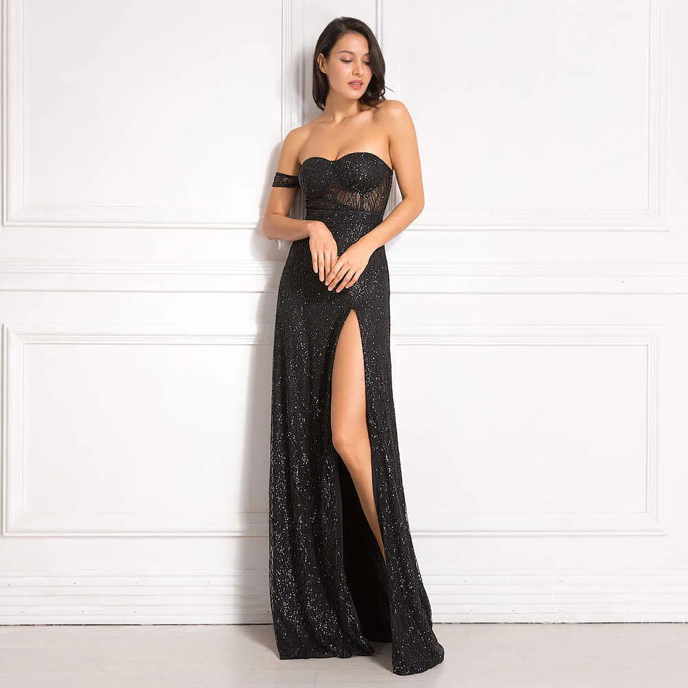 Off Ramię Sparkle Bling Glitters Długość podłogi Split Party Dress Pełna podszewka Wyściełana Backless Long Black 210608