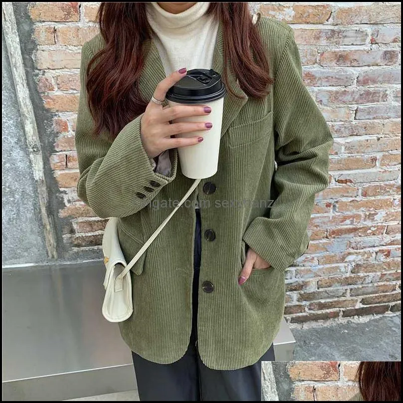 Women`s Suits & Blazers HziriP Single Breasted Retro Thick Corduroy Blazer Long Sleeve Office Lady 2021 Women Outerwear Loose Suit Jacket