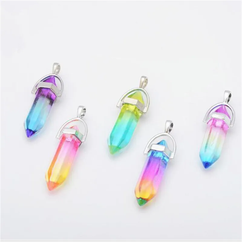 Colorful Glass Hexagon prism Charms Rainbow pendant for Necklace jewelry making women men Wholesale MKI