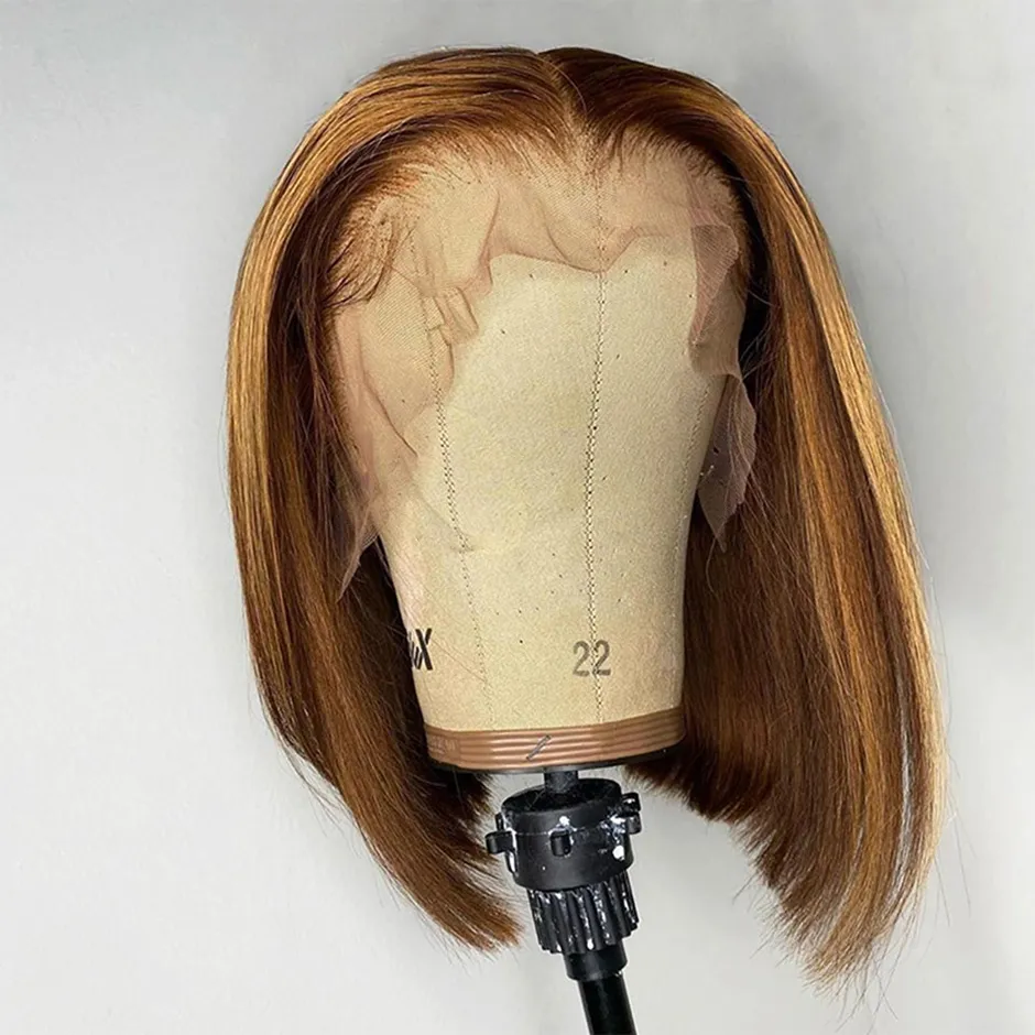 Miel Blonde Highlight Perruque Cheveux Humains Raides 13x4 Bob Perruque Avant de Lacet Perruques de Cheveux Humains pour les Femmes Noires Court Hd Dentelle Frontale Perruque