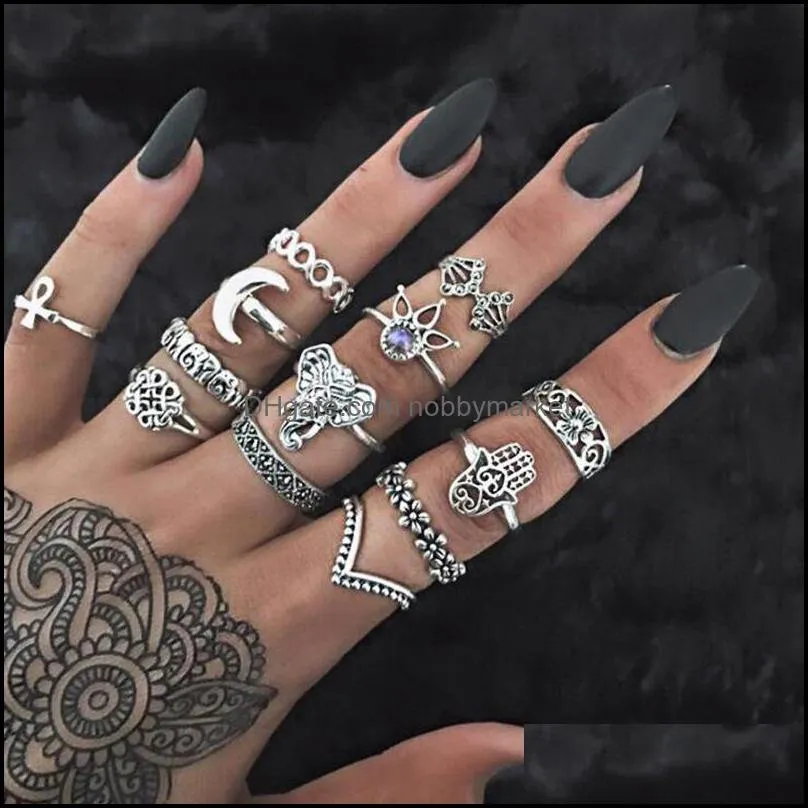 Cluster rings smycken 10 stilar Bohemian Antik Sier Set för kvinnor Retro Hand av Fatima Elephant Flower Ankh Crescent Midi Knuckle Finger R