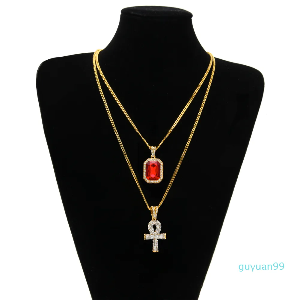 Ankh egípcio chave da vida bling strass cruz pingente com rubi vermelho pingente colar conjunto masculino hip hop jóias261i
