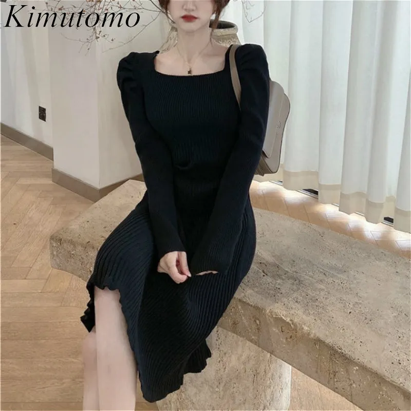 Kimutomo Kadınlar Katı Örme Elbise İlkbahar Sonbahar Zarif Moda Bayanlar Kare Yaka Ince Bel Puf Kol Vestido Knitwear 210521