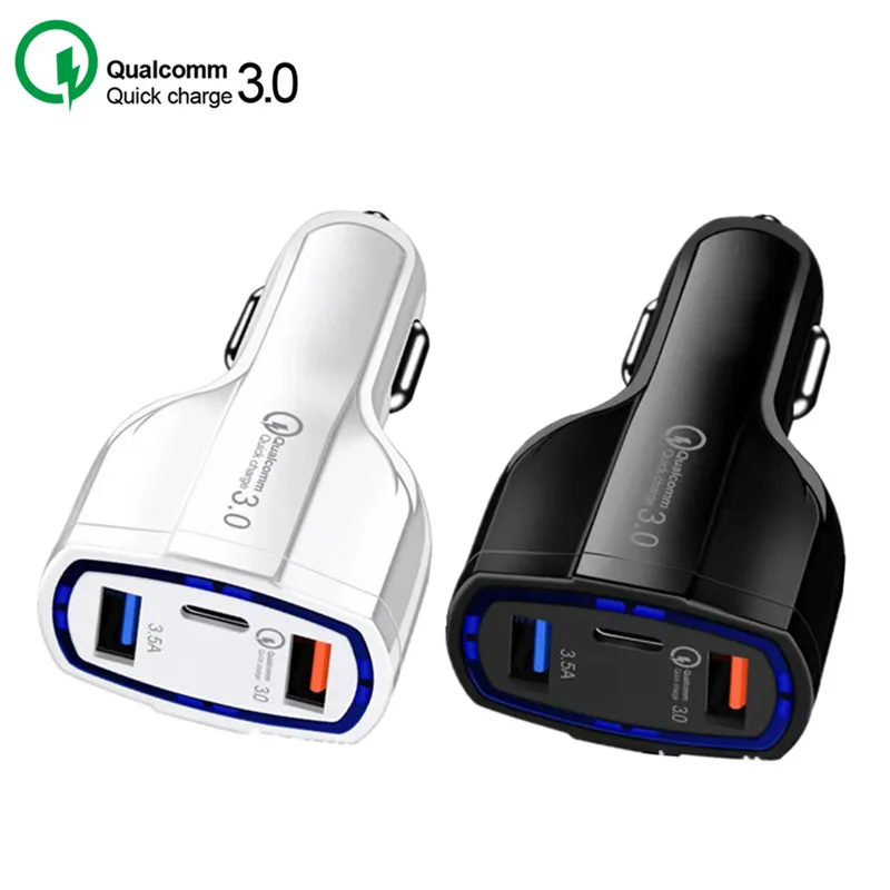 3-port Fast Car Chargers QC3.0 Snabbladdare Dual 2 USB Ports Type-C för Samsung Huawei Xiaomi-surfplatta