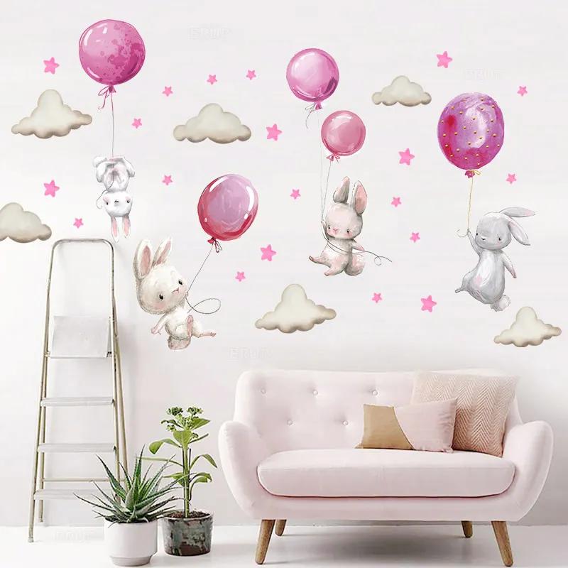 Watercolor Pink Balloon Bunny Cloud Bunny Wall Stickers Fun Nursery  Decorations For Kids Room Perfect Boy And Girl Gifts Made Of Durable PVC  From Imaridraw, $14.09