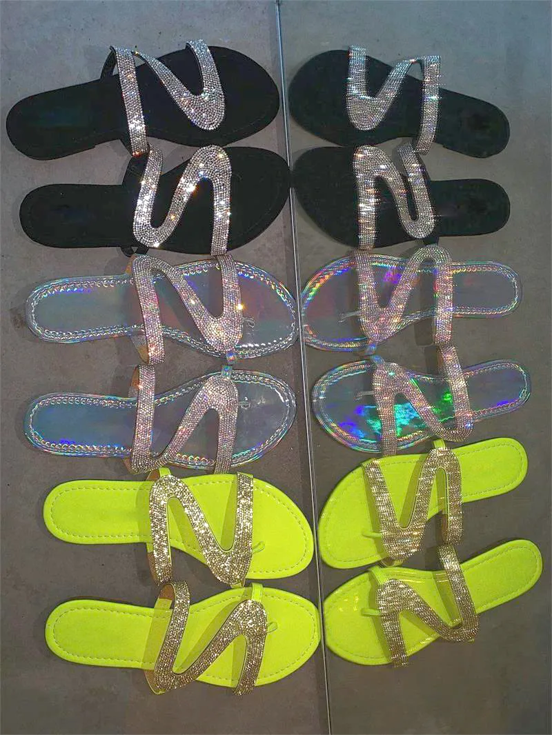 Женщины скользиты сандалии тапочные летние лето кристалл плоский сандалии буквы z блестки полосы тапочки открытые носки слайд дамы мода пляж нескользящие туфли большой размер EU35-43