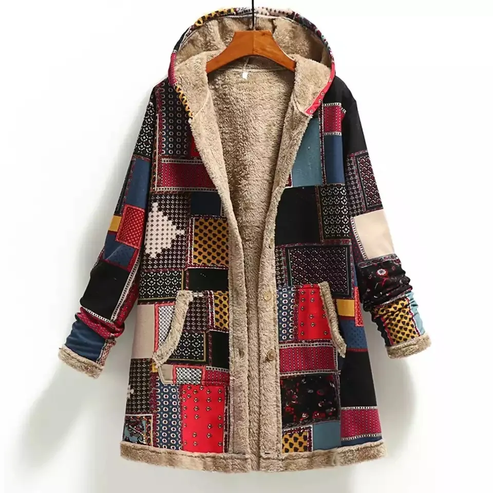 Vinter vintage kvinnor kappa varm utskrift tjock fleece hooded lång jacka med fickor damer outwear lös för