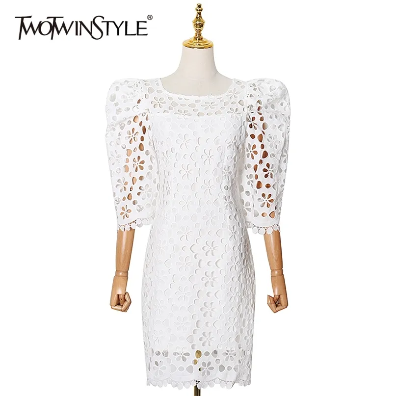 Elegant White Dress For Women O Neck Puff Sleeve High Waist Hollow Out Dresses Female Fashion Clothing 210520