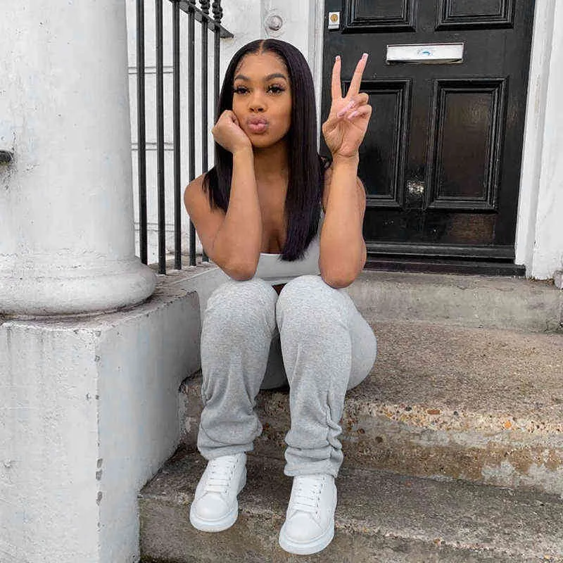 Korean Style High Waist Grey Stacked Sweatpants For Women Grey