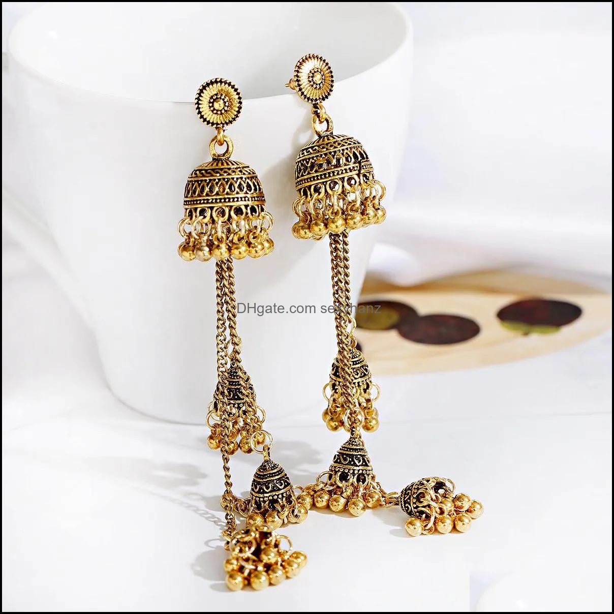 Retro bohemian style elegant port wind bells long tassels personality wild temperament show face thin earrings women