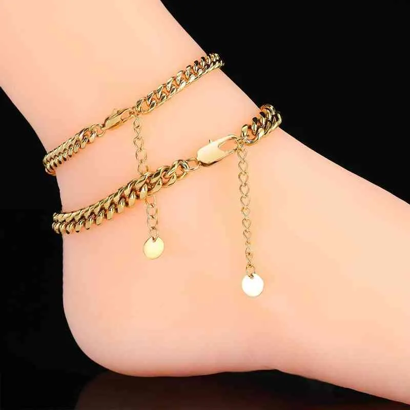 RQ 18k Gold Plated Stainless Steel Cuban Ankle Bracelet Chain Link Anklet Foot Jewelry Small Filled