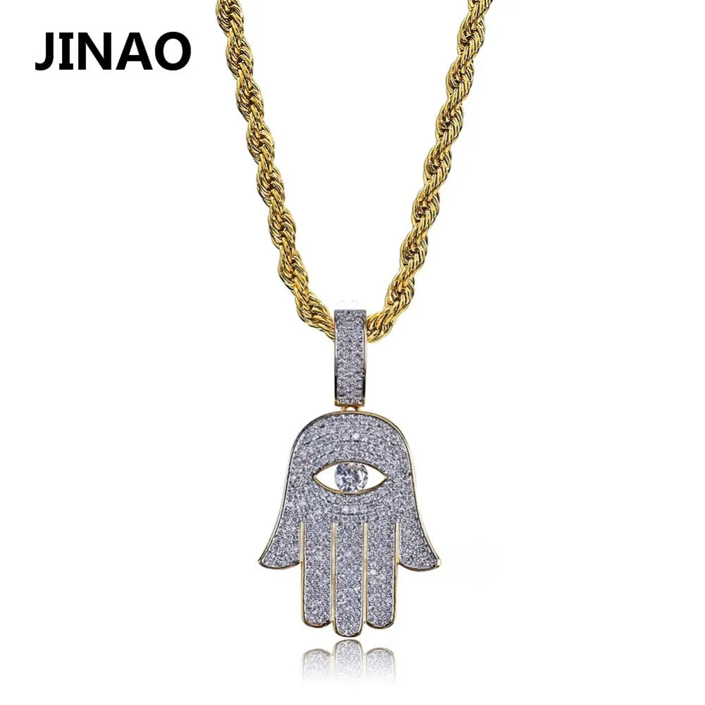 Jinao Hip Hop Goud Kleur Plated Iced Out Evil Eye Hamsa Hand Micro Pave Zirkoon Hanger Ketting Mannen Vrouwen Glanzende Sieraden X0509