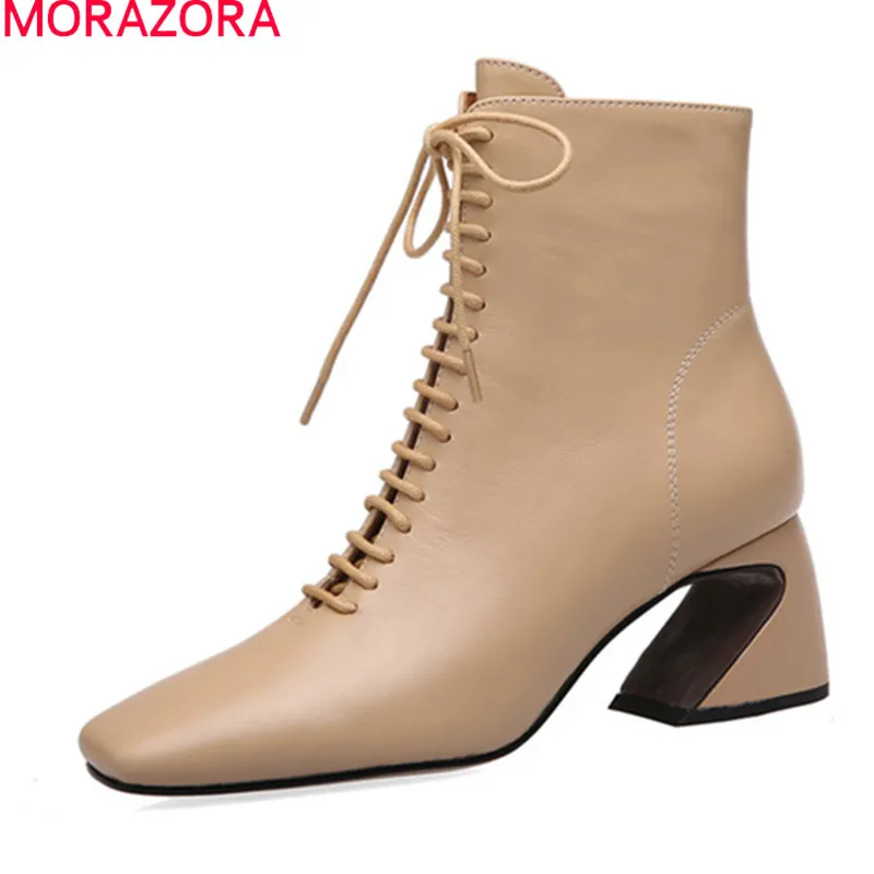 Morazora Bottes en cuir véritable épais talons hauts bout carré dames chaussures automne hiver lacets bottines femmes 210506
