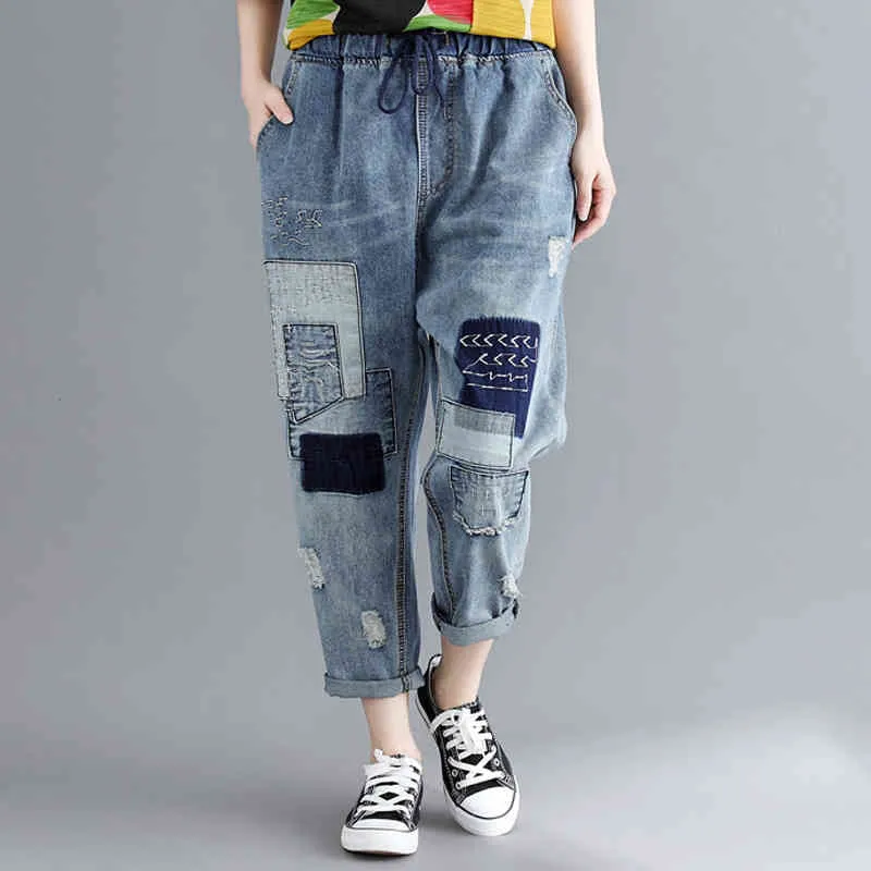 Johnature Fashion Patchwork Denim Pants Summer Elastic Waist Hole Tie Casual Ankle-Length Women Vintage Jeans Pants 210521