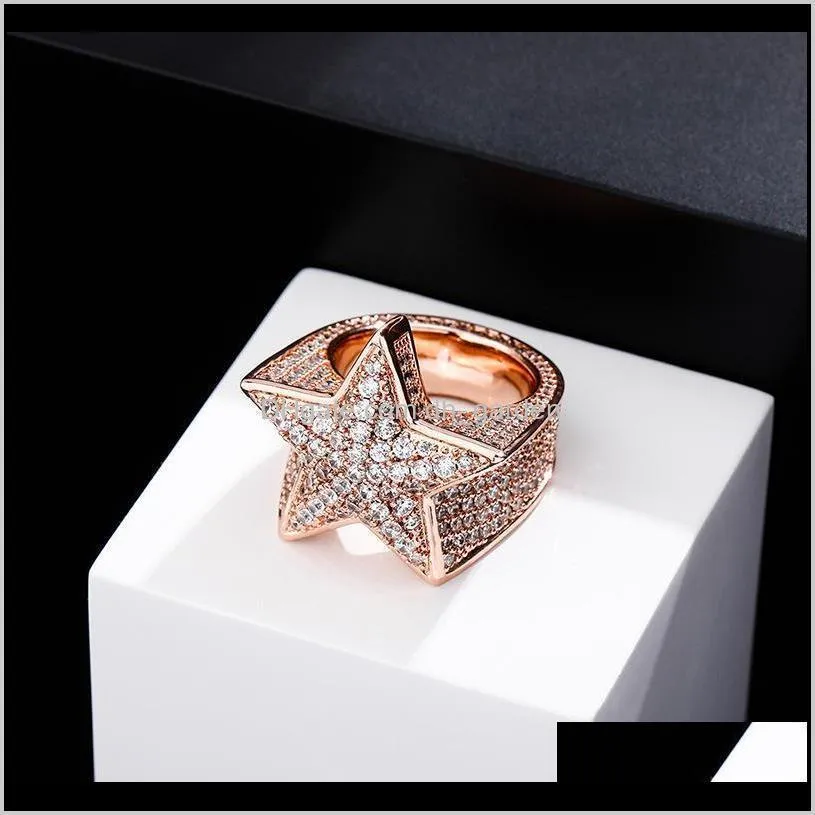 Mens Rings Fashion Exquisite 18K Gold Rhodium Plated Five-point Star Hip Hop Rings Luxury Bling Zircon Cluster Rings
