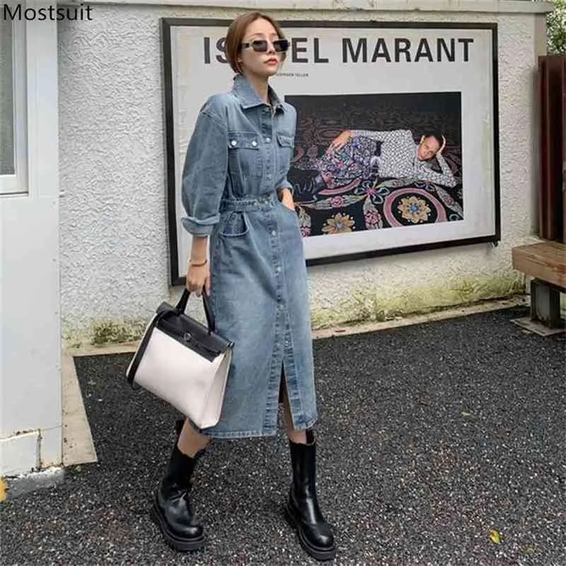 Herbst Blau Denim Kleid Für Frauen Laidies Lange Elegante Kleider Koreanische Hülse Drehen Unten Kragen Button Up Vestidos Mujer 210513