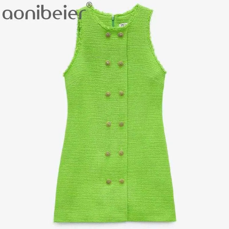 Green Textured Tank Dress Spring Summer Sleeveless Double Breasted Women Casual Mini Zipper Back Pencil 210604