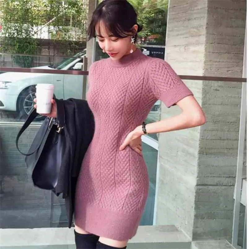 Autumn Winter Warm Bottoming Sweater Women Sexy Slim Bodycon Dress Female Half turtleneck short Sleeve Knitted Vestidos 210519