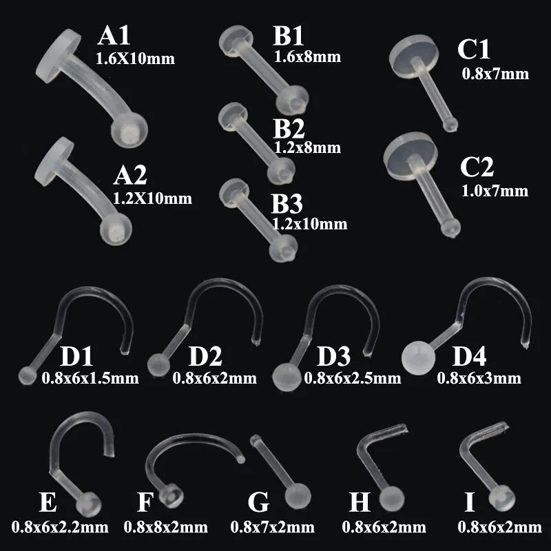 100pc Flexibel Bioplastisk läpp Labret Ögonbryn Nose Studs Ring Orelha Brosk Conch Piercing Body Smycken