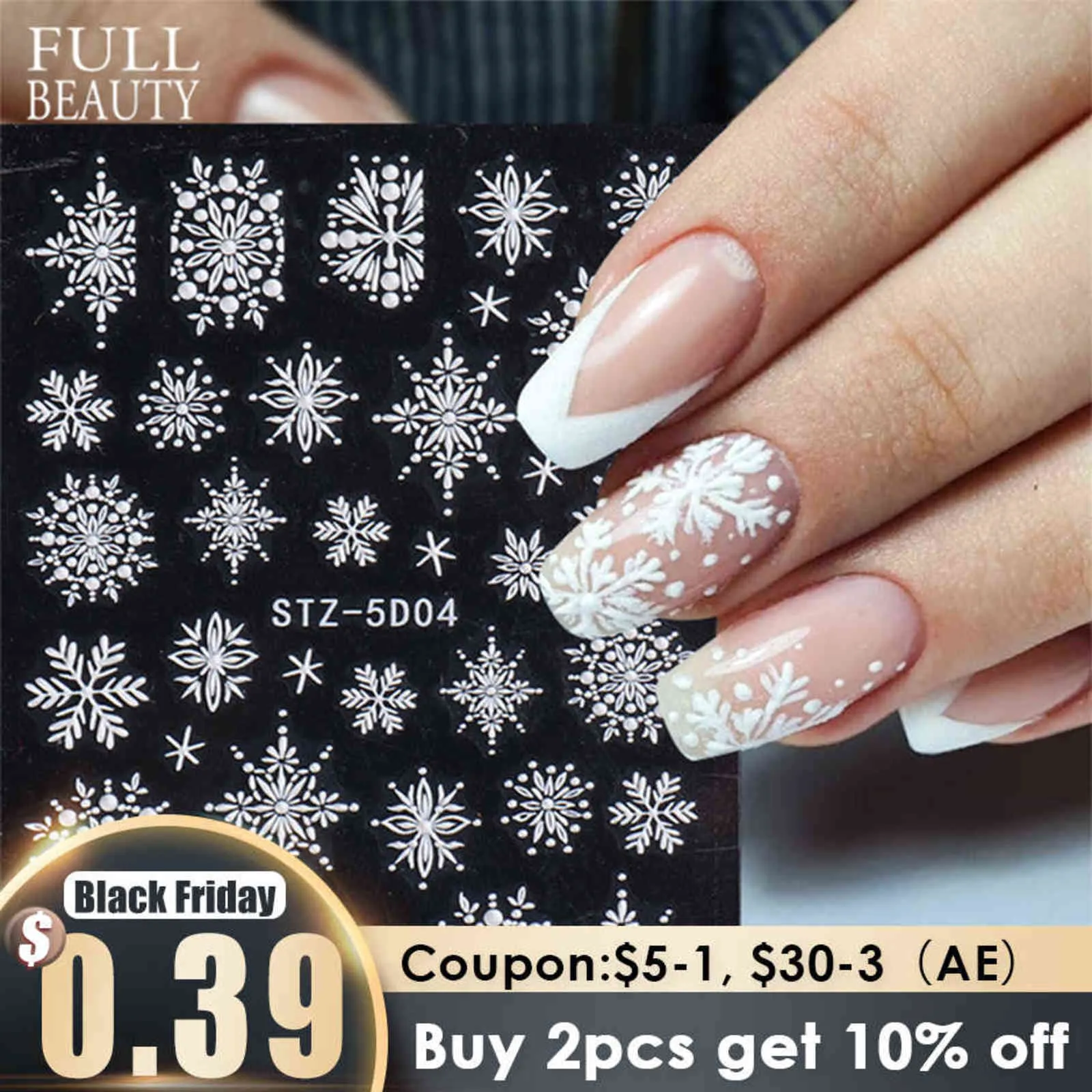 10шт 5D белые снежинки тисненные наклейки рождественские новогодние ногтей дизайн зимние чары цветок маникюр ползунок наклейки chstz5d01-08 y1125