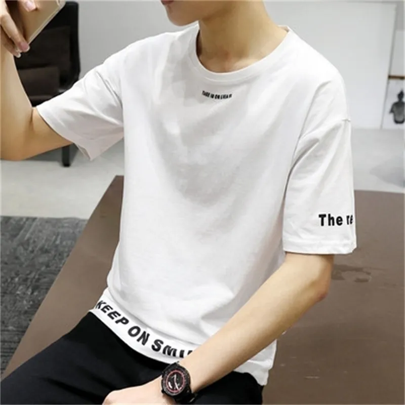 Meninos t-shirt de mangas curtas juventude dos homens soltos de cinco pontos mangas de tendência estudante estudante bonito meia manga 210420