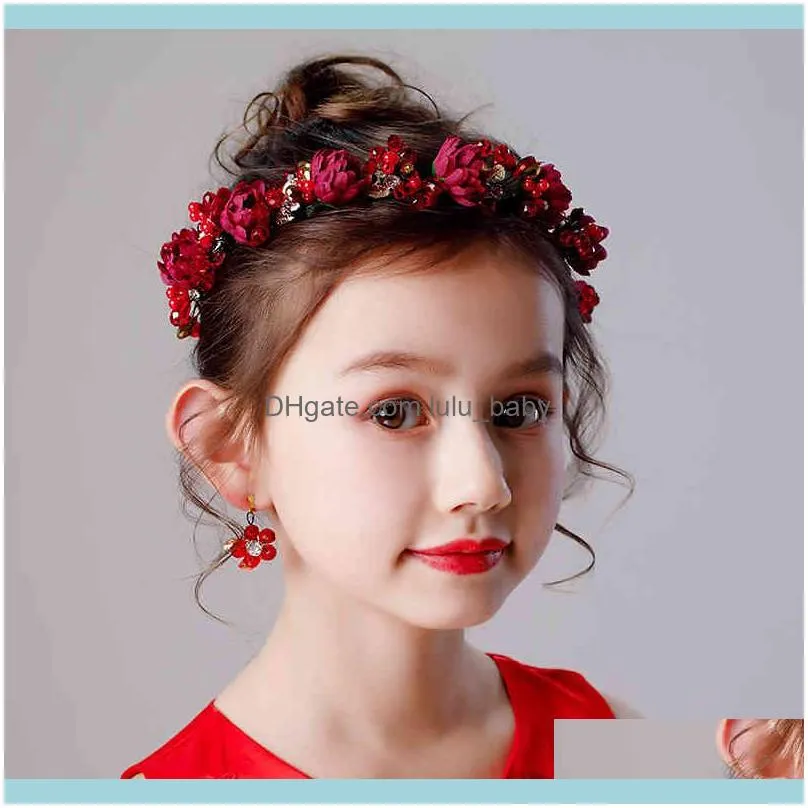 Baroque Vintage Gold Red Headbands For Kids Children Crystal Pearl Tiaras Hairbands With Earrings Women Bridemaid Hair Jewelry