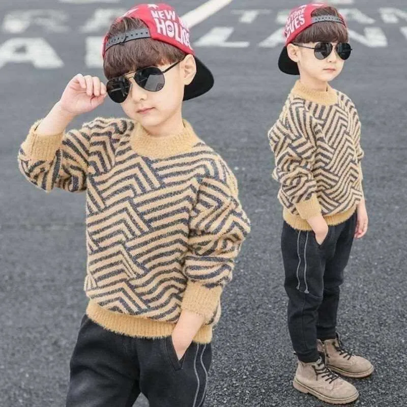 Jungen Mädchen Pullover Stricken Baumwolle 2021 Einfache Warme Winter Herbst Plus Verdicken Samt Baby Kinder Jugendliche Kinder Kleidung Y1024