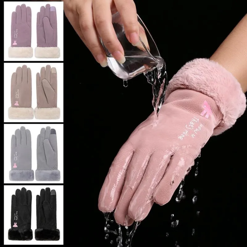 Fem fingrar handskar rosa svart skyddsförare damer vinter höst kvinnors läder fingerhandske muff för händer plysch vattentät vantar