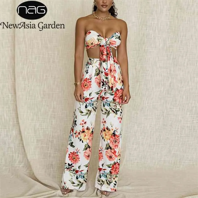 Asie Floral Crop Top Long Pantalon Deux Pièces Ensemble Femmes Été Sexy Hors Épaule Noué Hauts Pantalon Large Fête 2 Pièces Ensembles 210727