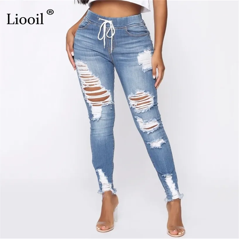 Lichtblauwe Gescheurde Jeans voor Dames Street Style Sexy Mid Rise Distressed Broek Stretch Skinny Hole Denim Potlood Broek 220107