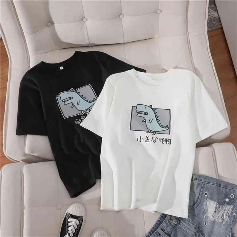 Noir Blanc Imprimé T-shirts Femmes D'été Lâche Décontracté À Manches Courtes T-shirts O-cou Base Tops Harajuku Filles Coupon M-2XL 210601
