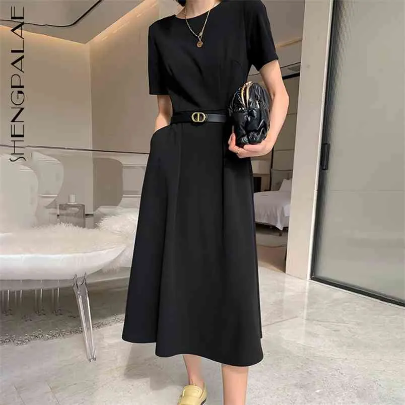 Minimalistisches schwarzes Kleid Damen Sommer Rundhals Taille Kurzarm Mid-Calf Kleider weiblich ohne Gürtel 210427