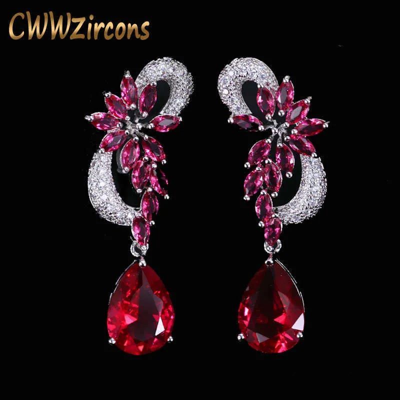 Elegant Cubic Zirconia Pave Bridal Long Red Crystal Stones Earrings for Wedding Costume Jewelry CZ233 210714