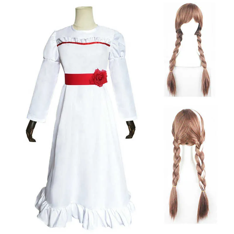 Film Annabelle Kostüm Geist Puppe Cosplay Weiße Frauen Lange Prinzessin Kleid Rock Mädchen Haar Kinder Uniformen Perücke Halloween Party Y0903