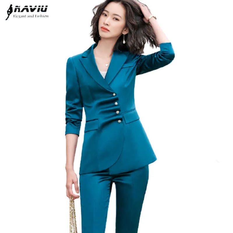 Blå kostym buiness temperament mode våren high end formell långärmad blazer och byxor kontor damer arbete bär 210604