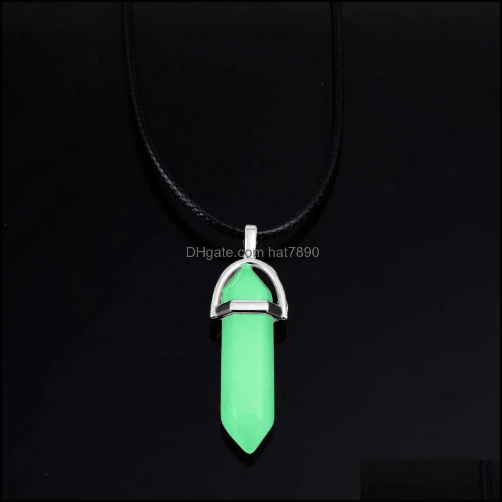 TOMTOSH Fluorescent Necklace Fluorescent Hexagonal Pendant Necklace Natural Crystal Stone Purple Stone Pendant Leather Chain